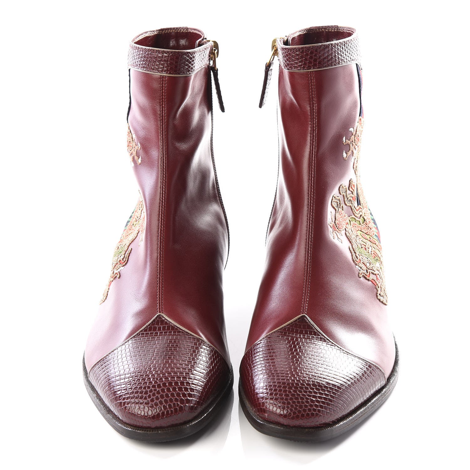 Gucci Calfskin Malaga Kid Lizard Web Dragon Embroidered Ankle Boots 7 Bordeaux 3 of 10