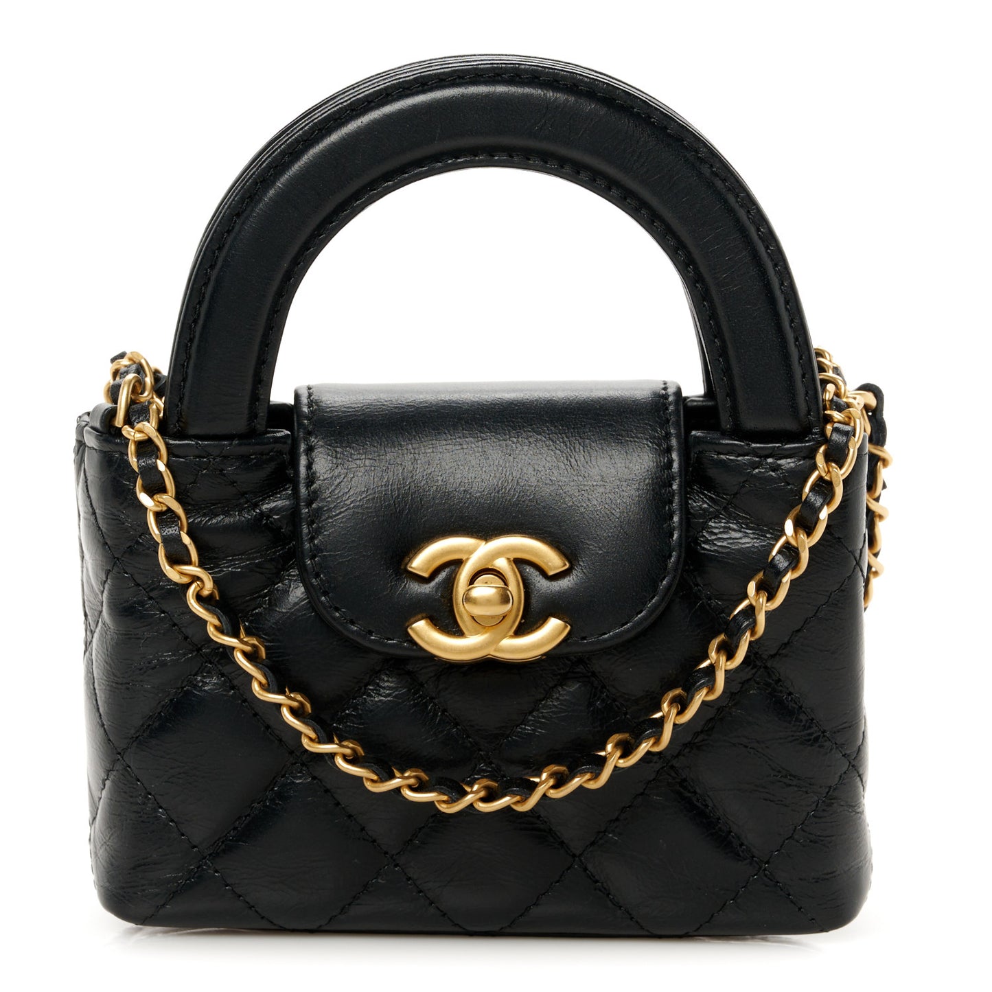 Shiny Aged Calfskin Quilted Mini Nano Kelly Shopper Black