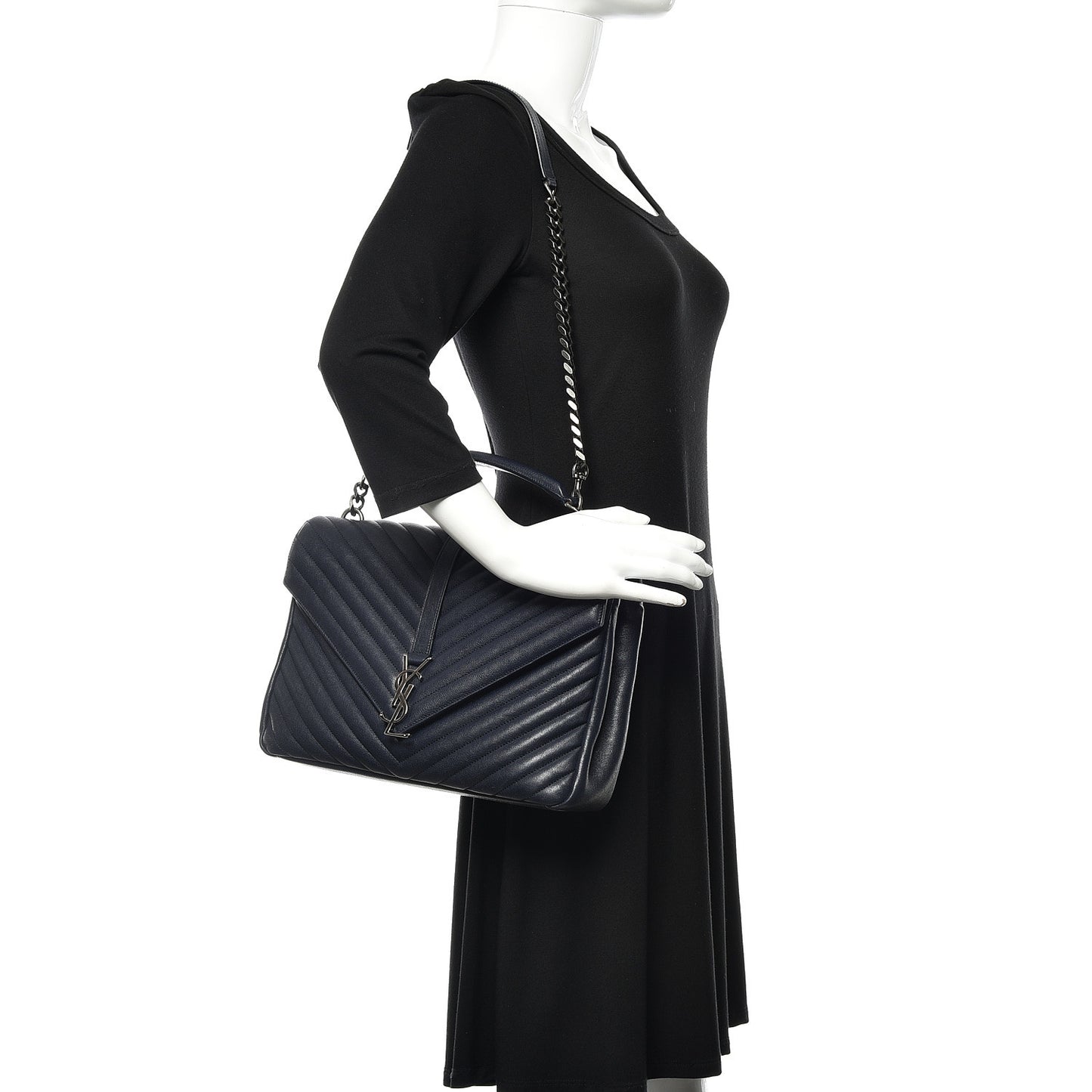 Sheepskin Matelasse Chevron Monogram Large College Satchel Navy Blue