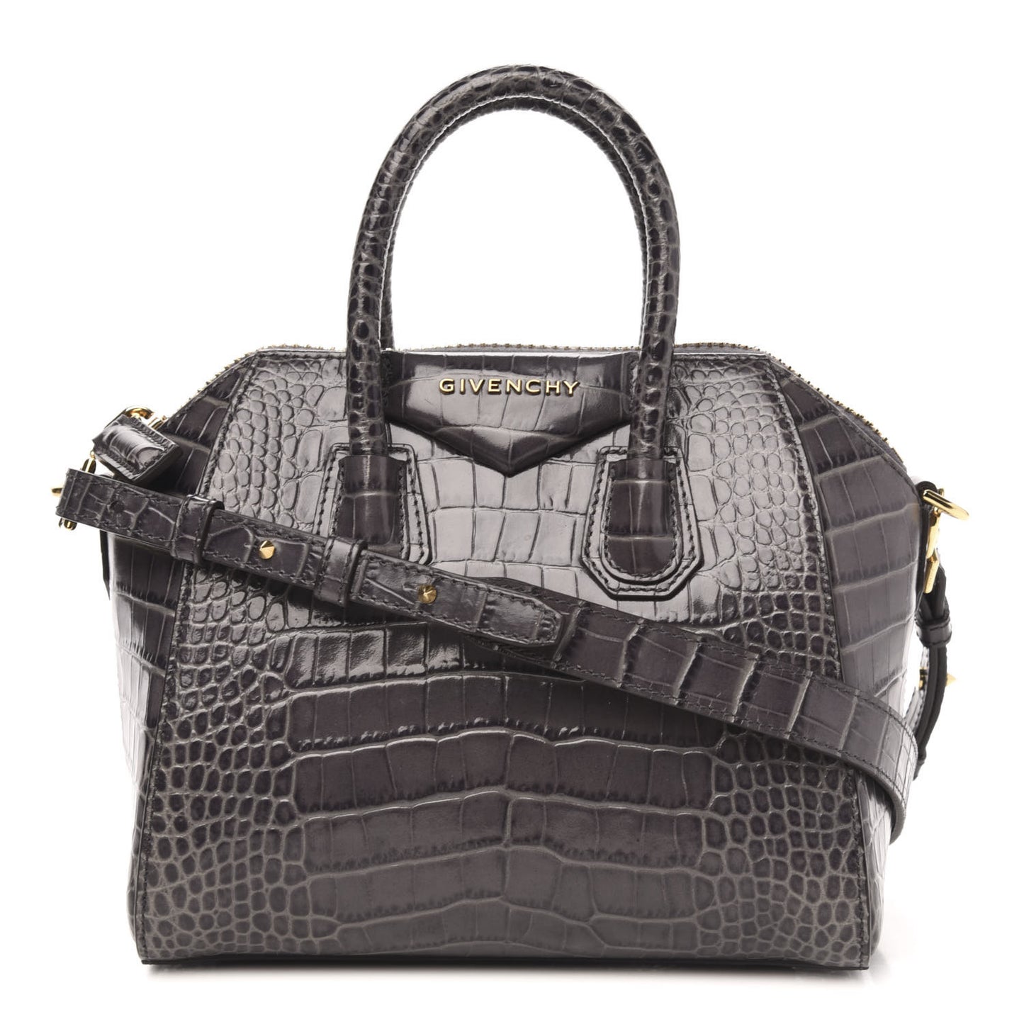 Calfskin Crocodile Embossed Mini Antigona Storm Grey