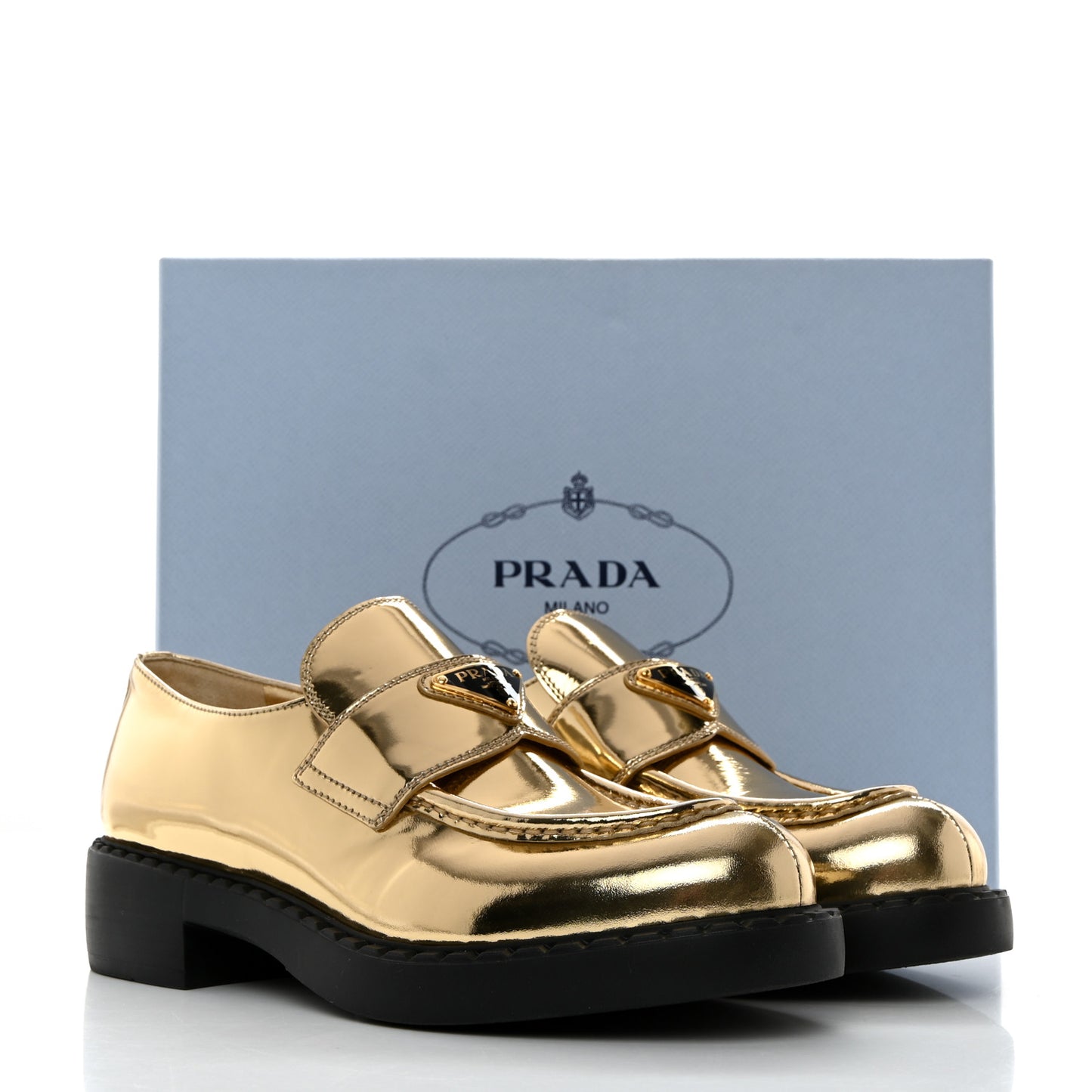 Metallic Brushed Calfskin Metal Triangle Logo 50mm Loafers 40 Platino