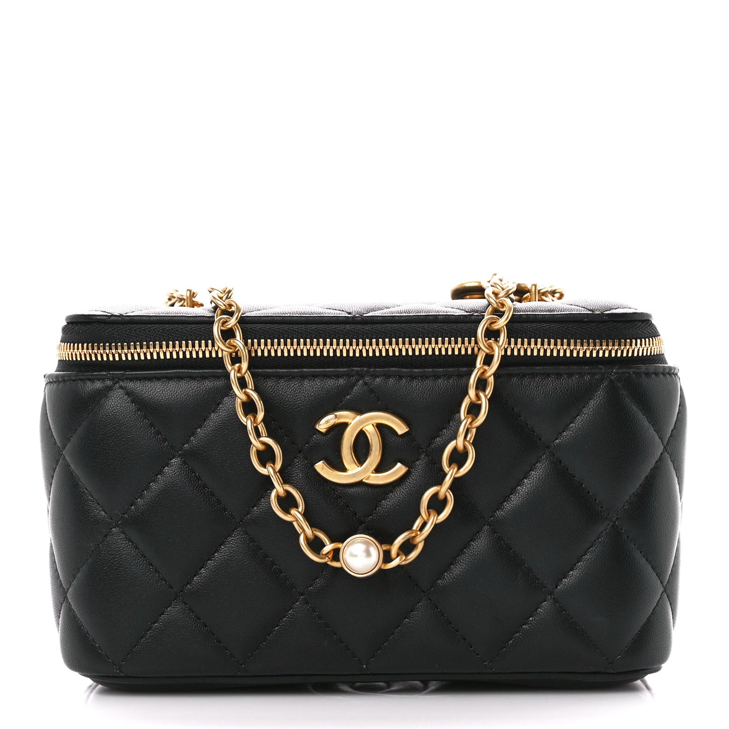 Lambskin Enamel Pearl Quilted Small Charm Me Vanity Case With Chain Black