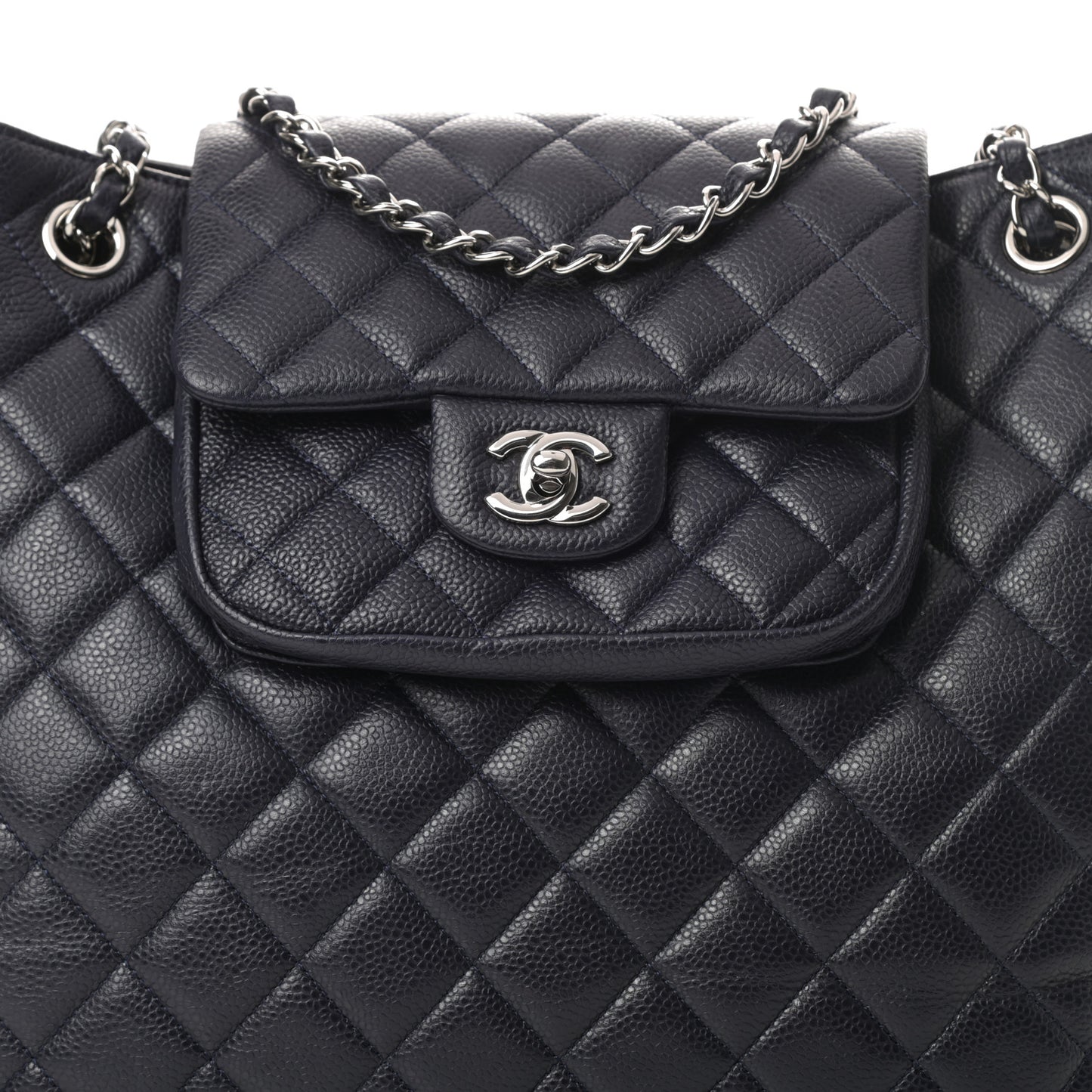 Caviar Quilted Flap Tote Marine