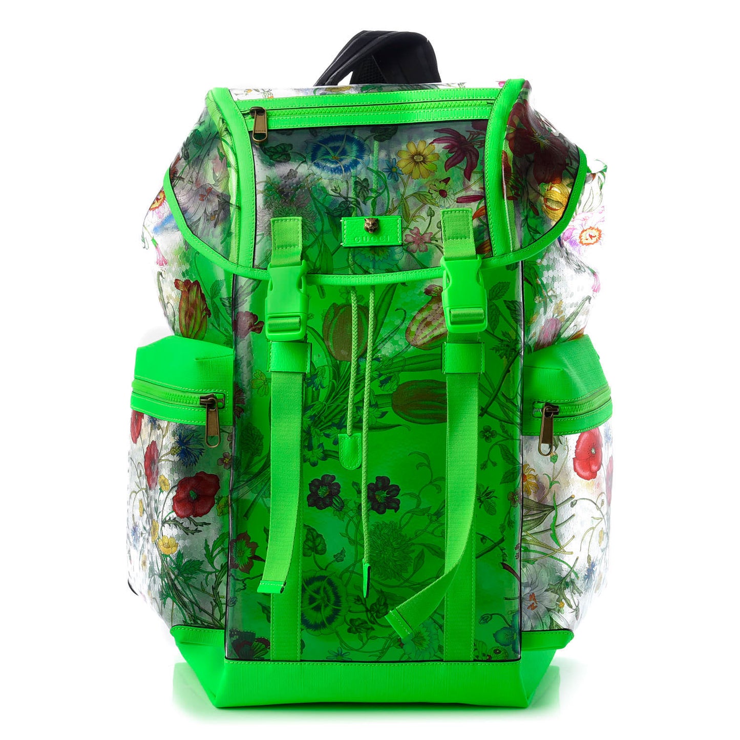 PVC Floral Double Buckle Backpack Fluo Green