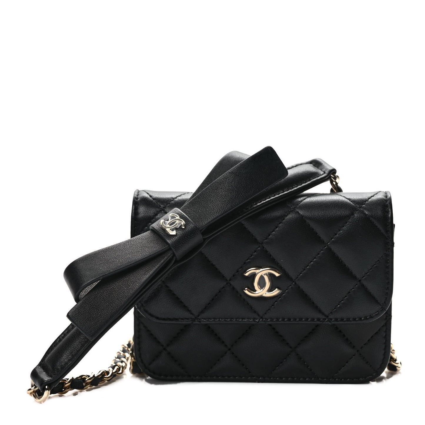 Lambskin Quilted Mini Coco Bow Clutch With Chain Black