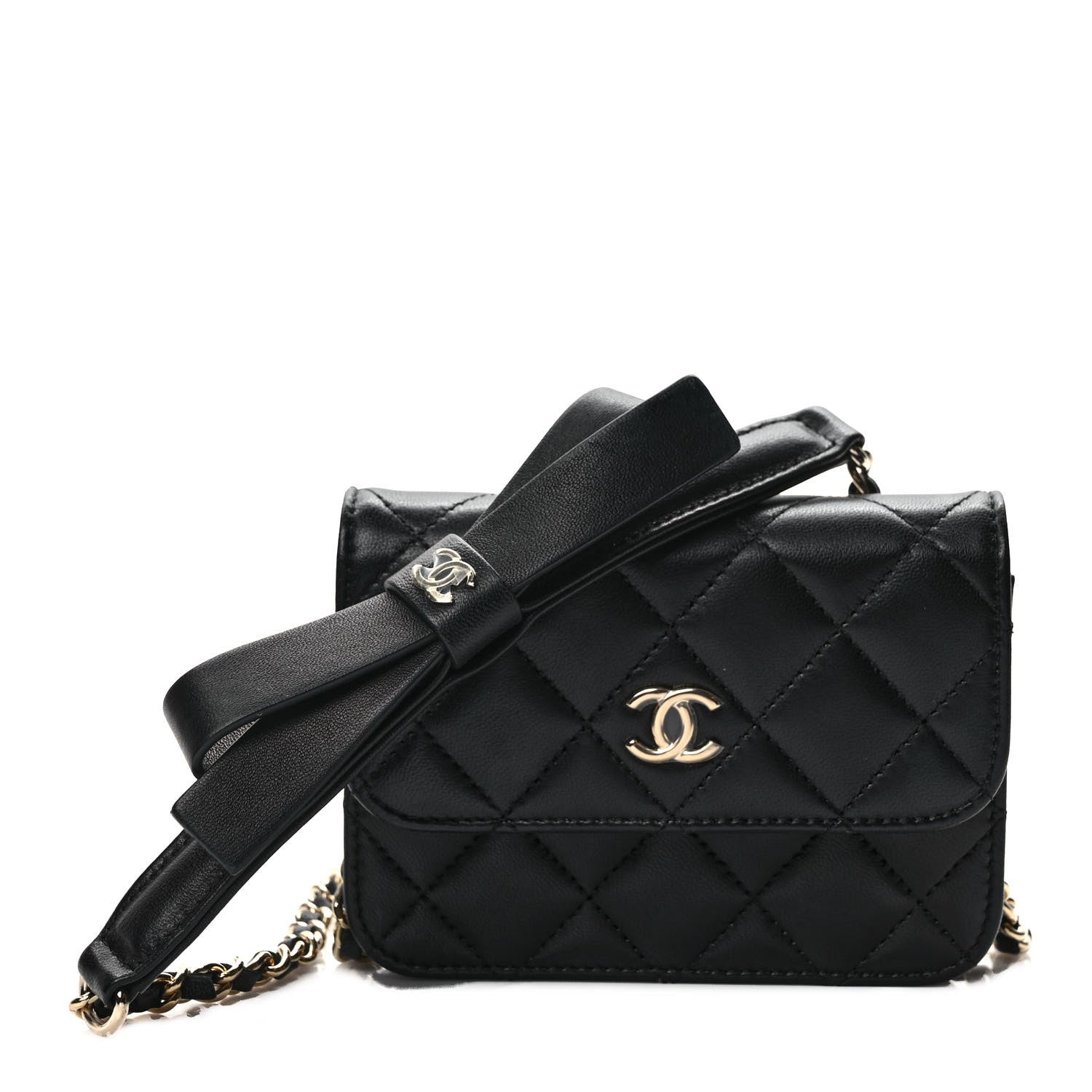Chanel Lambskin Quilted Mini Coco Bow Clutch With Chain Black 1 of 10