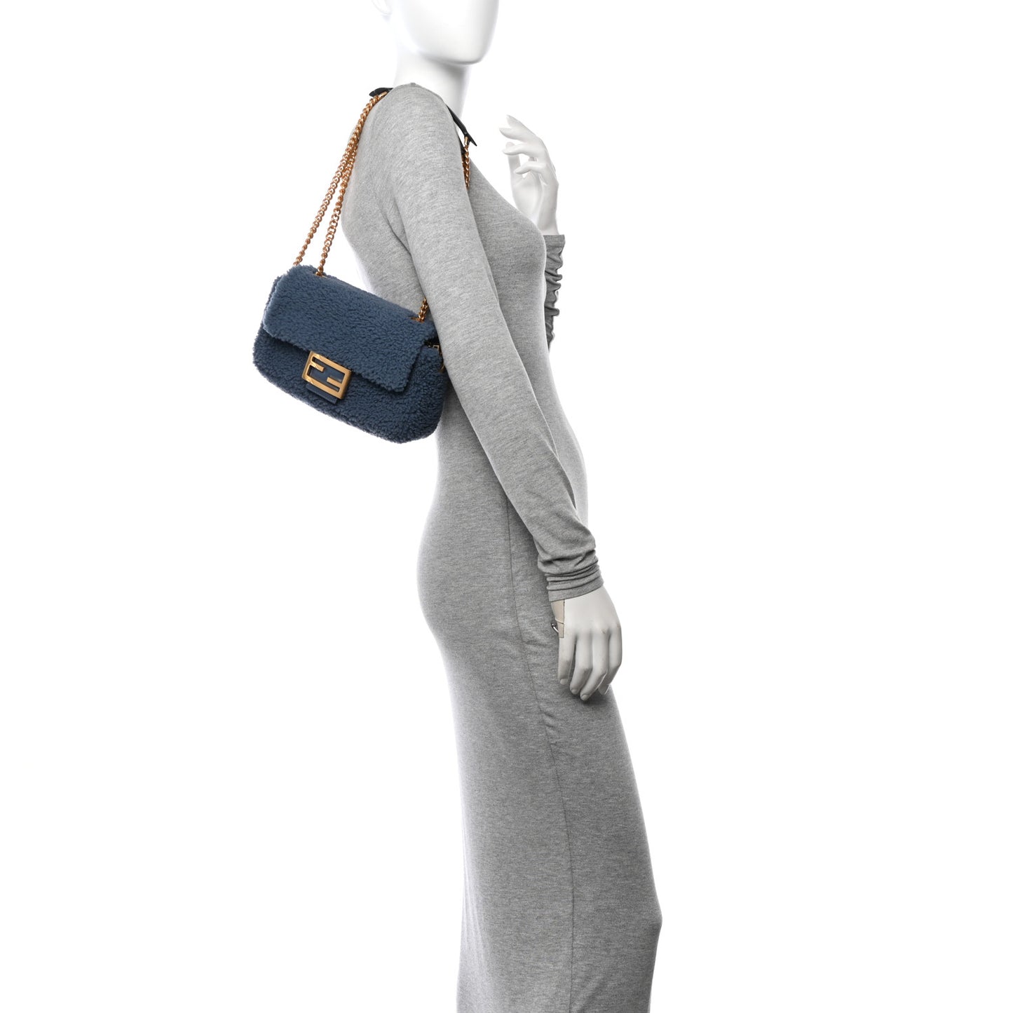 Shearling FF Midi Chain Baguette Mirto