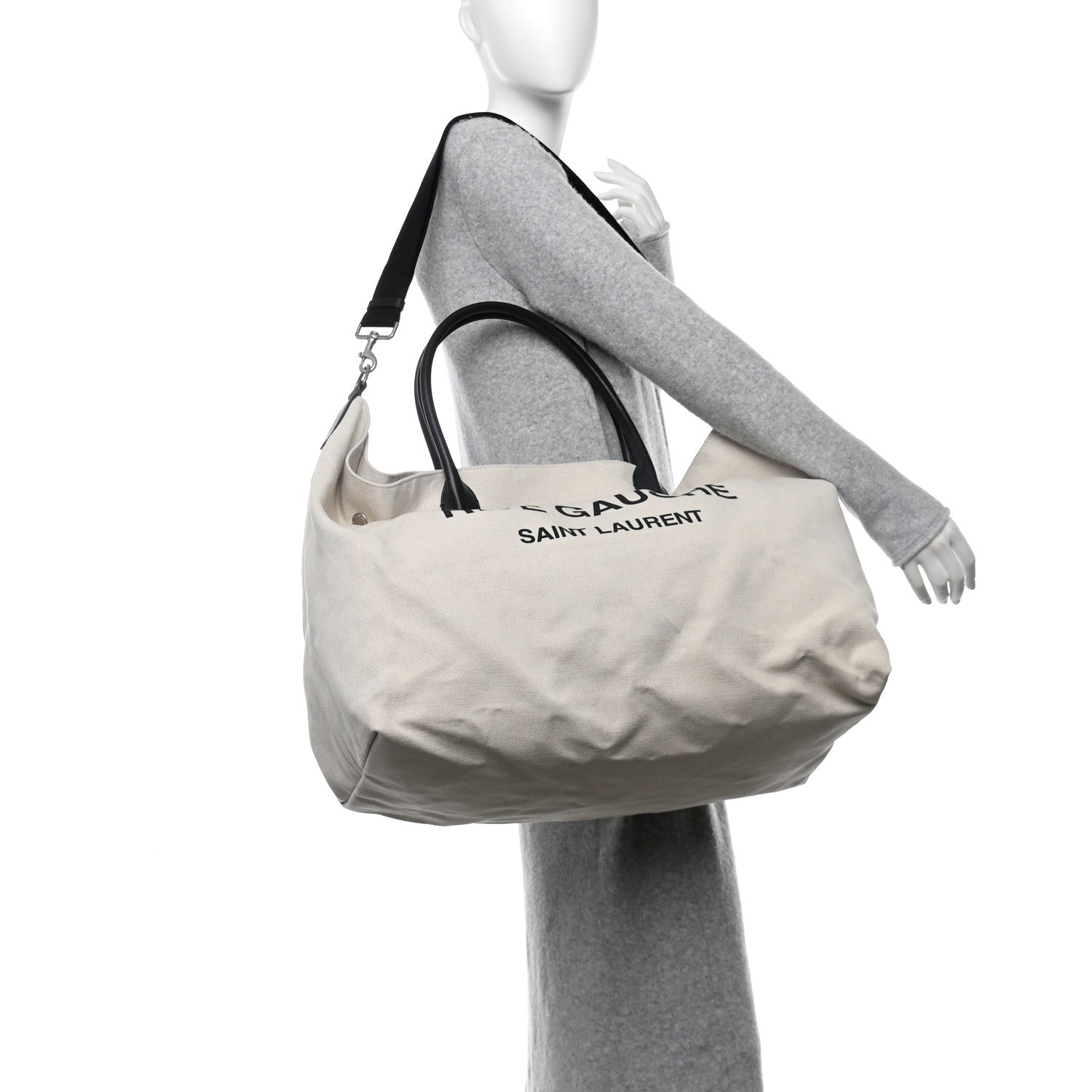 Saint Laurent Linen Calfskin Rive Gauche Maxi Tote  Grege et Noir 2 of 12