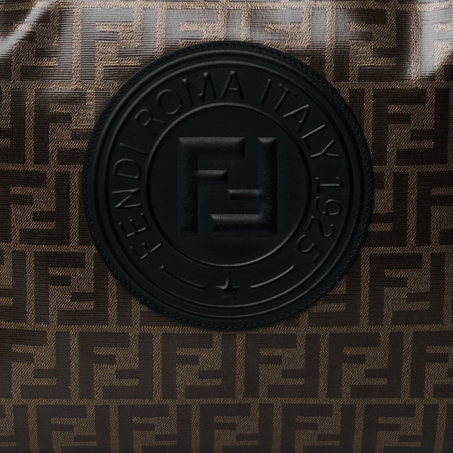 Fendi Glazed Fabric Vitello Century Plexiglass FF 1974 Stamp Patch Medium Runaway Shopper Tote Mogano Panna Black 8 of 10