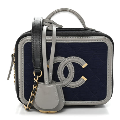 Chanel Jersey Quilted Small CC Filigree Vanity Case Blue Black Grey 1 of 10