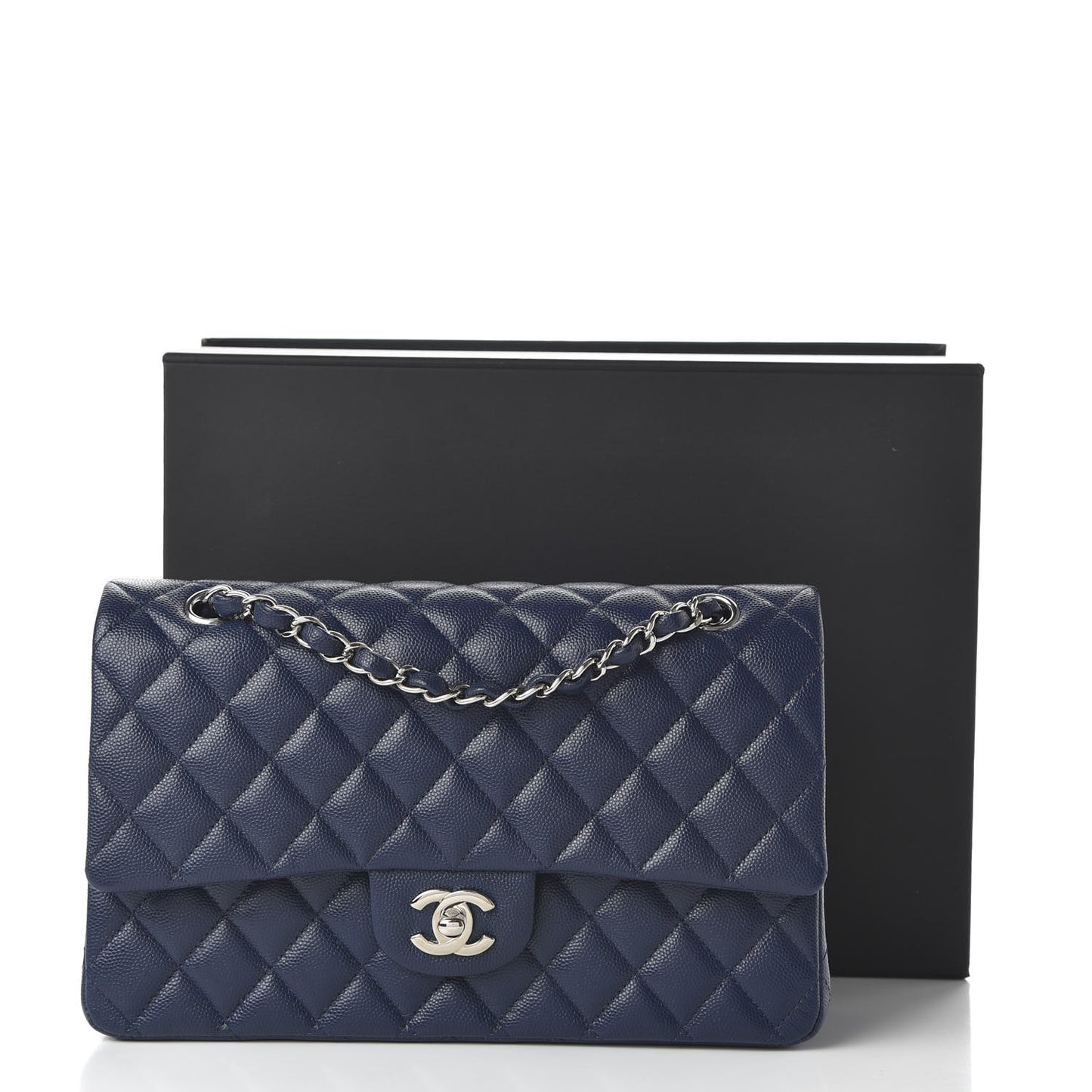 Caviar Quilted Medium Double Flap Dark Blue