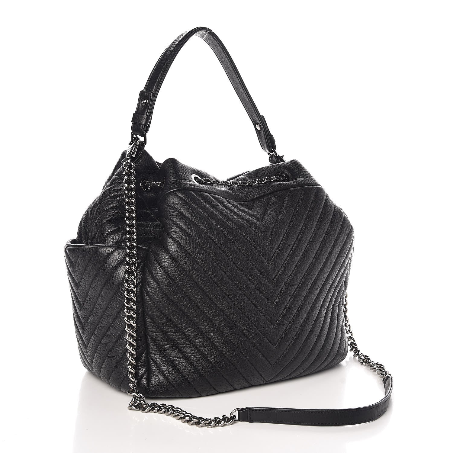 Chanel Deerskin Chevron Large CC Chain Bucket Drawstring Bag Black 4 of 10