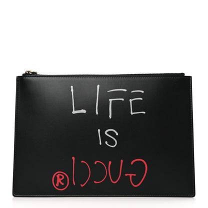 Gucci Calfskin GucciGhost Life is Gucci Zip Pouch Black 1 of 7