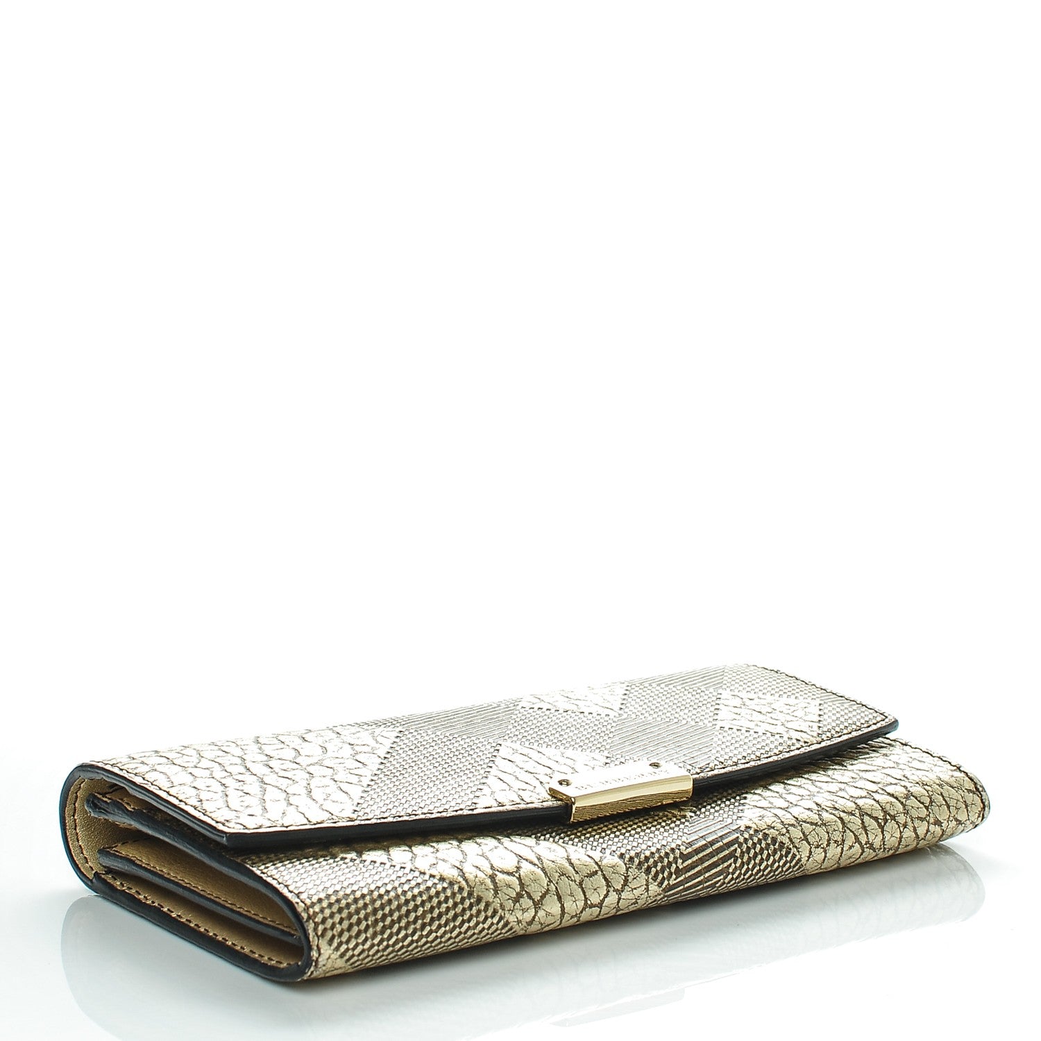 Burberry Metallic Signature Grain Calfskin Check Embossed Porter Continental Wallet Camel Gold 4 of 7