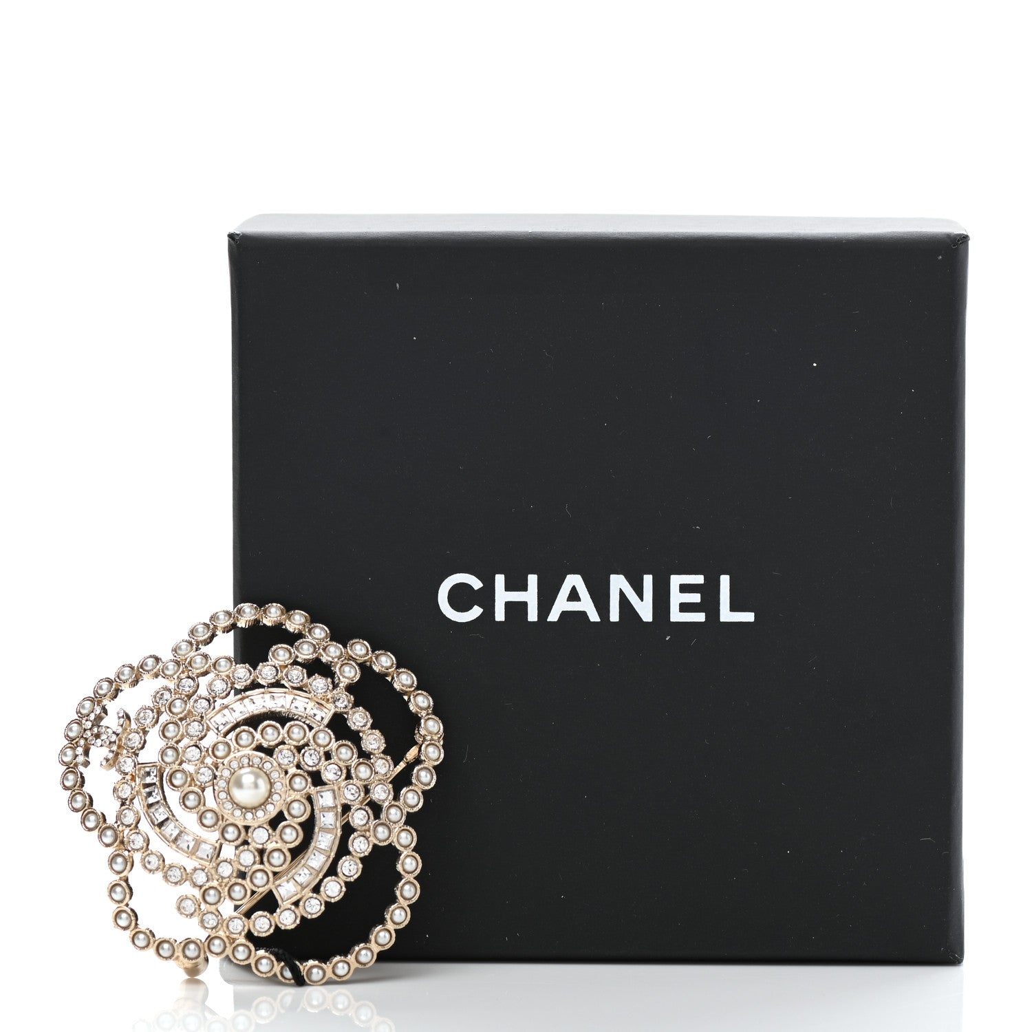 Chanel Pearl Crystal Lace Camellia Brooch Gold 5 of 5