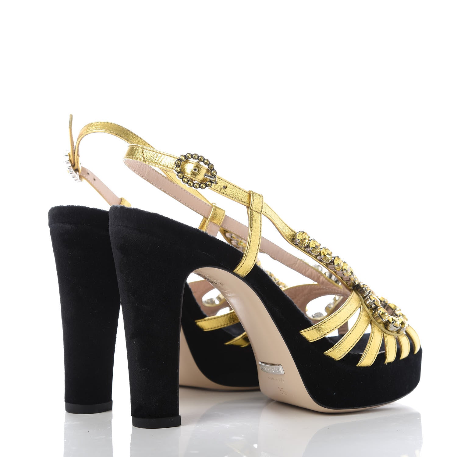 Gucci Velvet Nappa Crystal Zephyra Slingback Platform High Heel Sandals 36 Black Gold 4 of 9