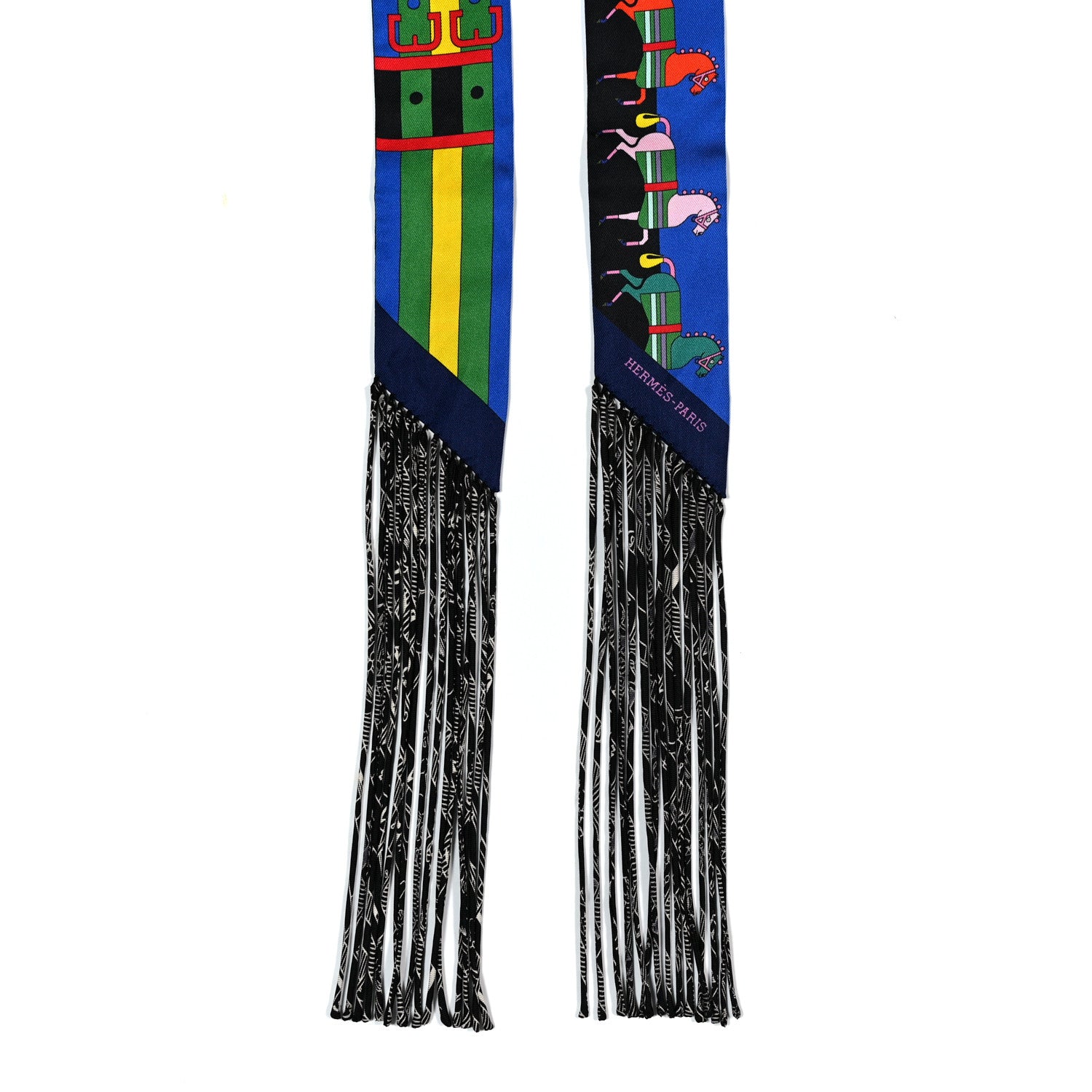 Hermes Silk Rocabar Fringed Twilly Bleu Royal Jaune Vert 3 of 3