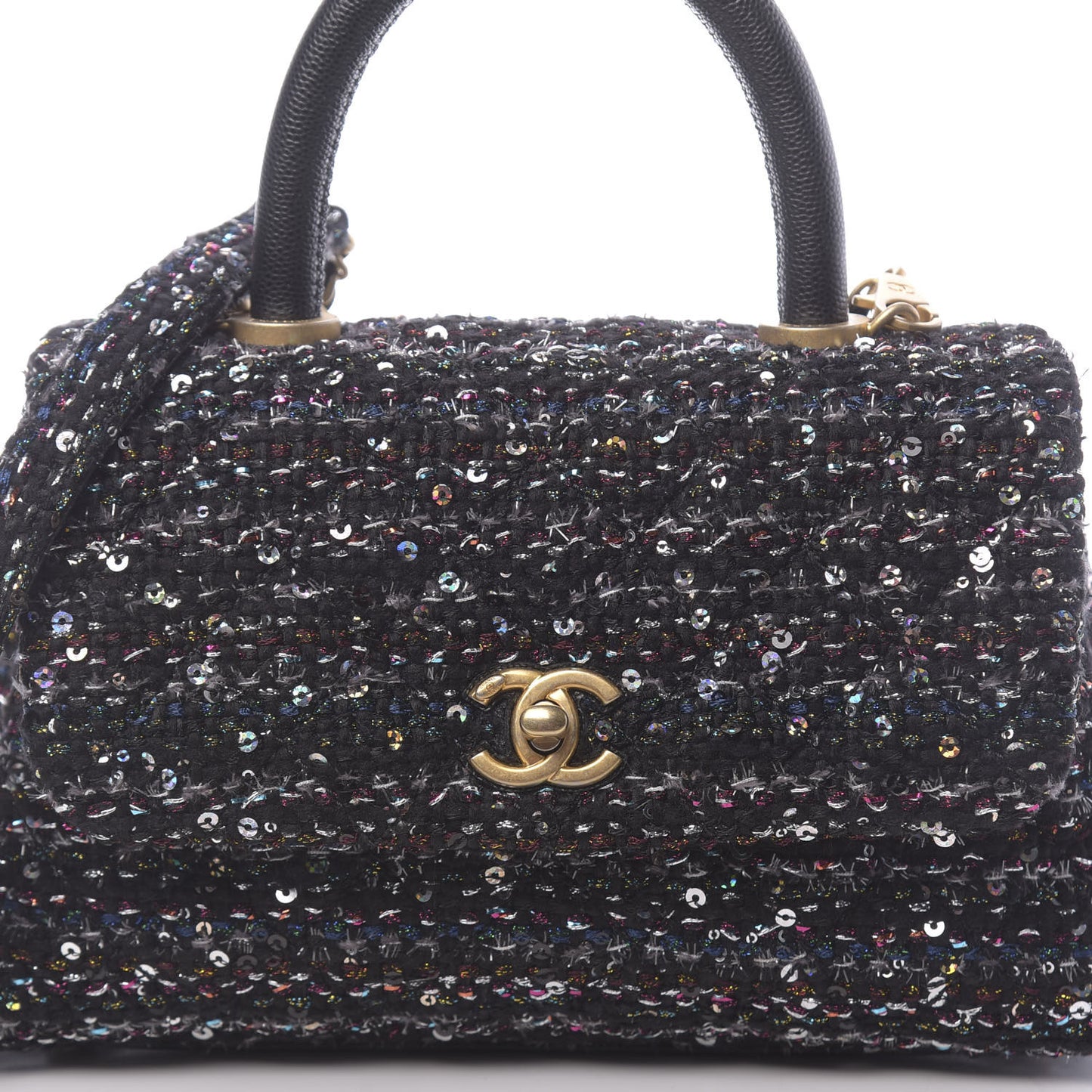 Tweed Sequin Mini Coco Handle Flap Black