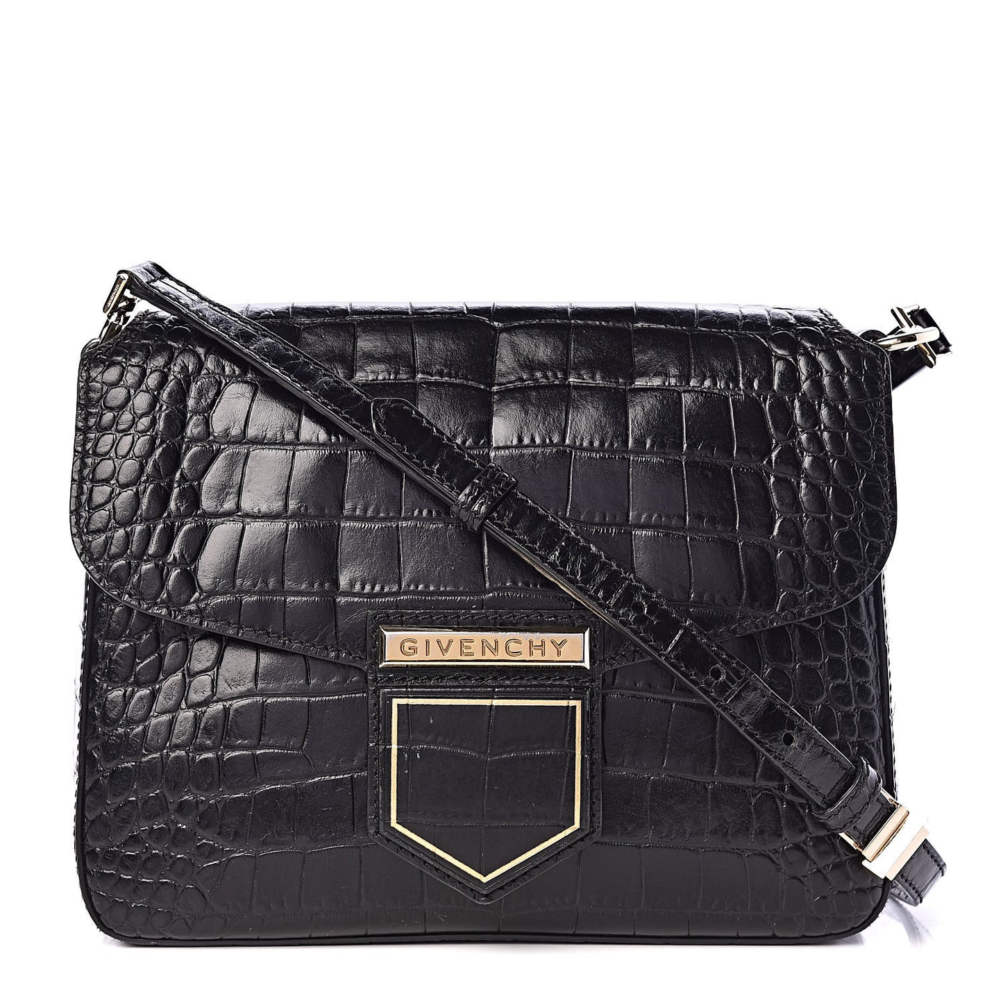 Calfskin Crocodile Embossed Small Nobile Shoulder Bag Black