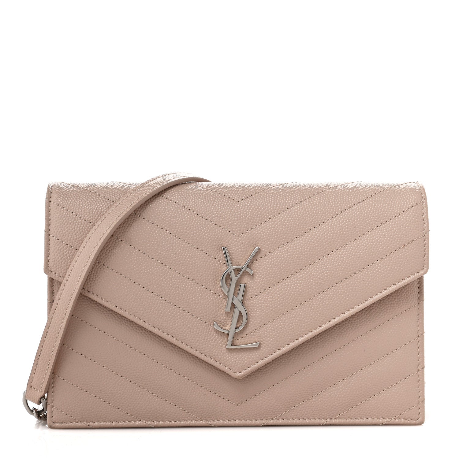 Saint Laurent Grain De Poudre Matelasse Chevron Monogram Envelope Chain Wallet Pale Pink 1 of 9
