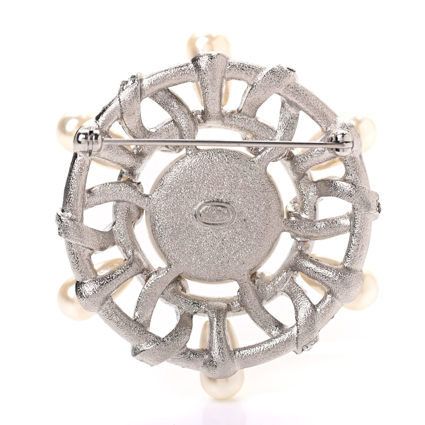 Pearl Crystal CC Wheel Brooch Pearly White Silver