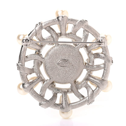 Chanel Pearl Crystal CC Wheel Brooch Pearly White Silver 3 of 4