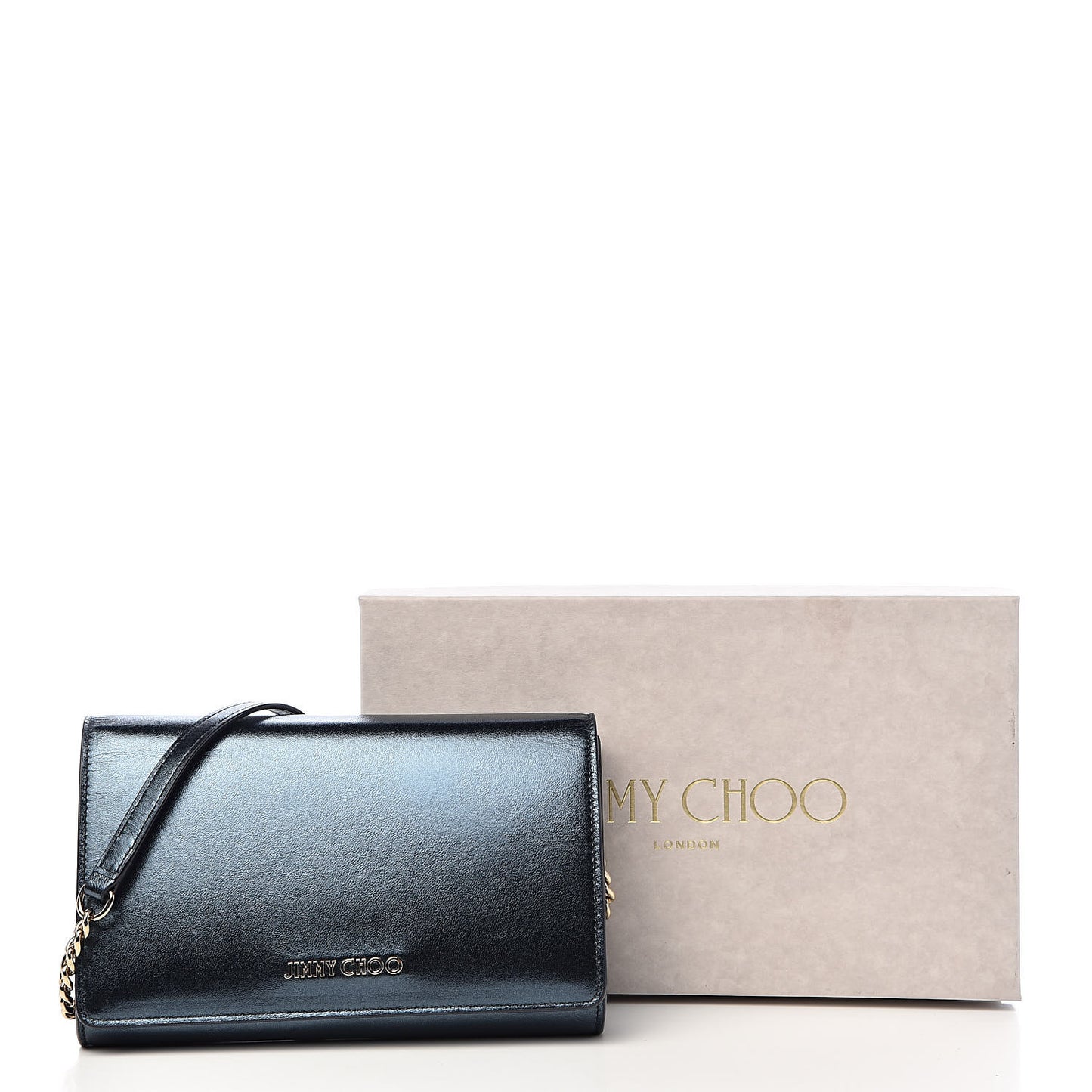 Metallic Calfskin Chain Wallet Blue