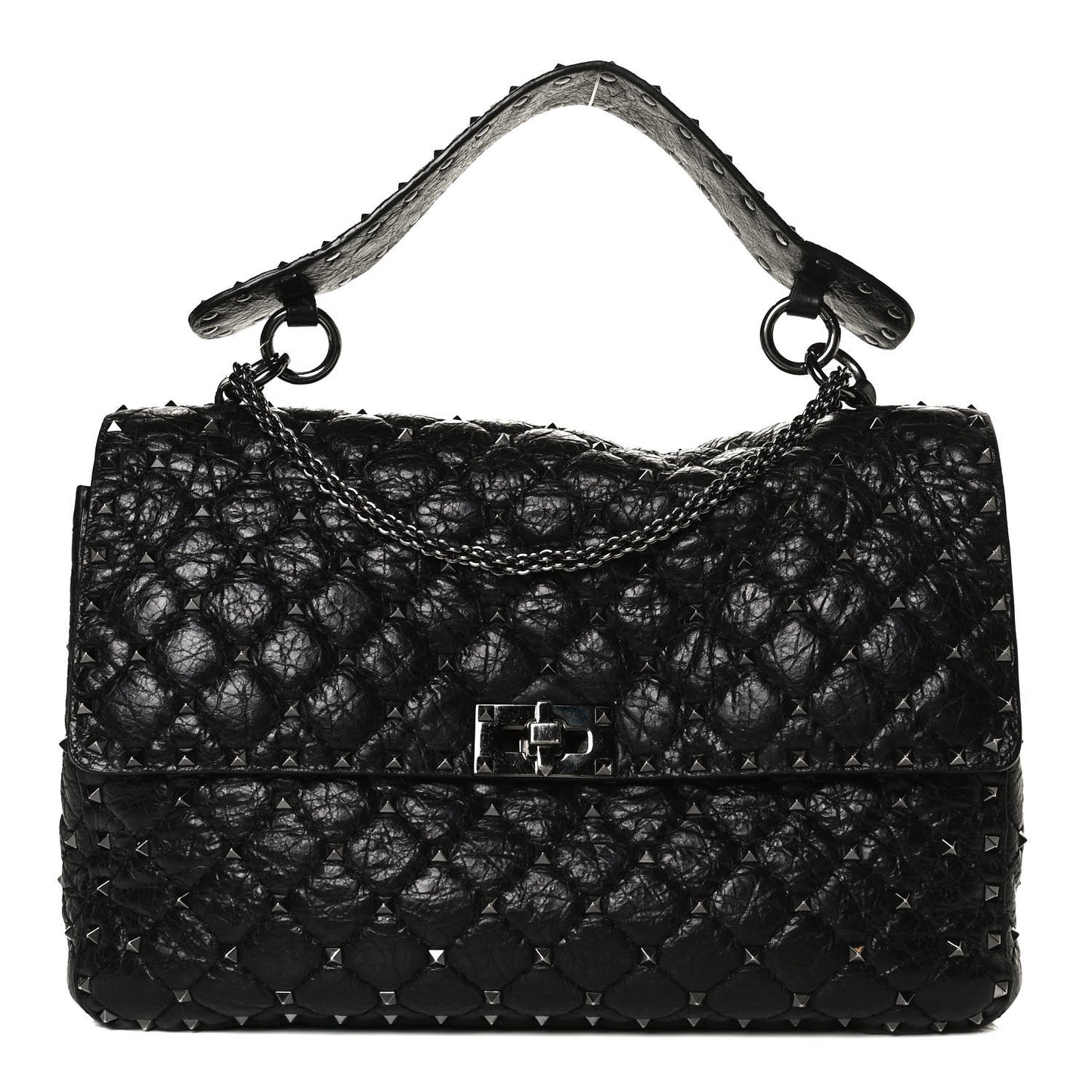 Craquele Nappa Large Rockstud Spike Shoulder Bag Black