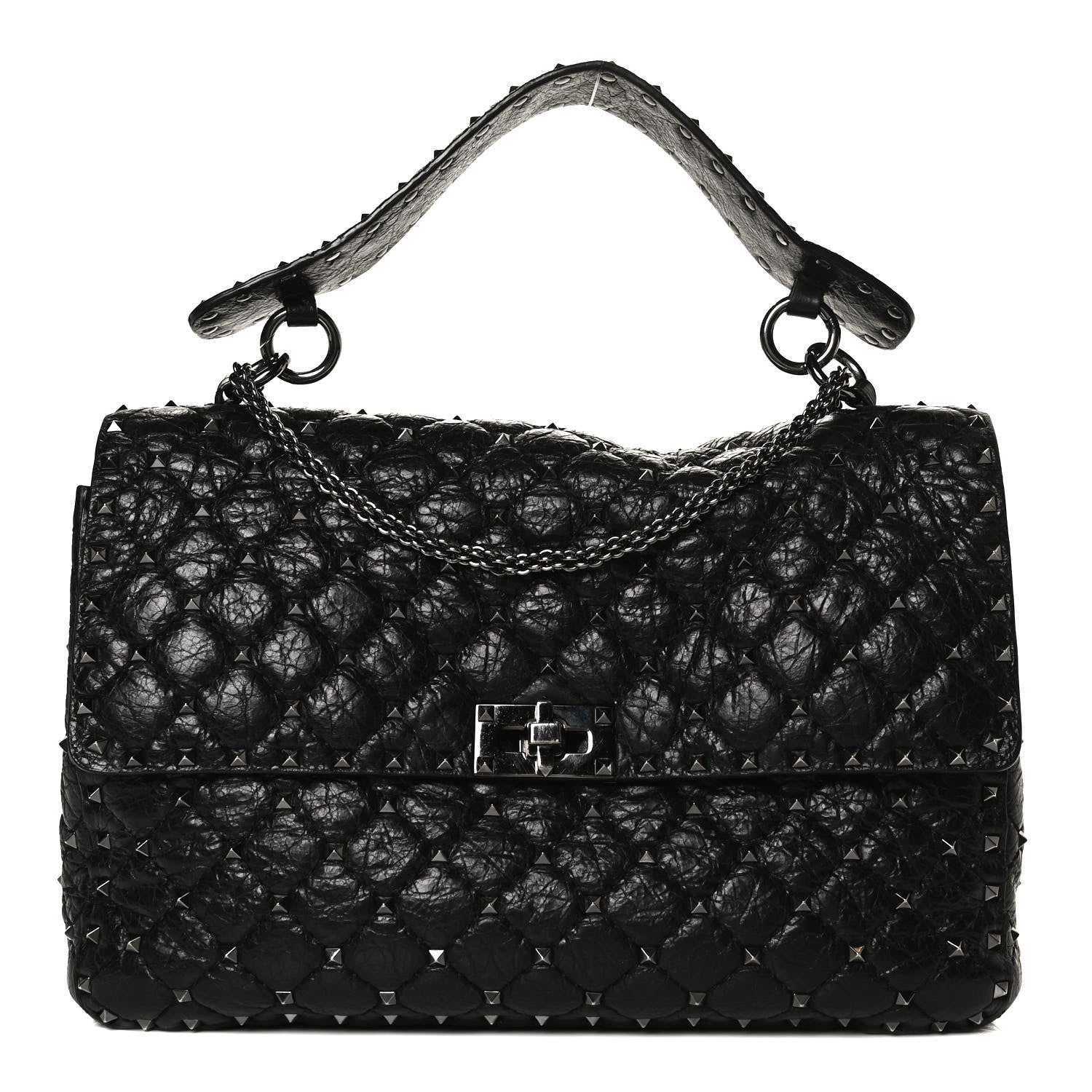 Valentino Garavani Craquele Nappa Large Rockstud Spike Shoulder Bag Black 1 of 12