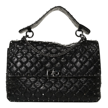 Valentino Garavani Craquele Nappa Large Rockstud Spike Shoulder Bag Black 1 of 12