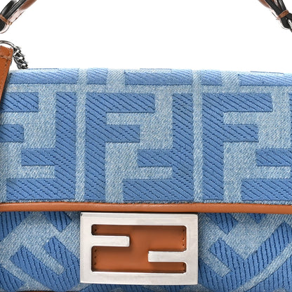 Fendi Denim Vitello King FF Embroidered Mini Baguette Denim Chiaro Brandy 8 of 12