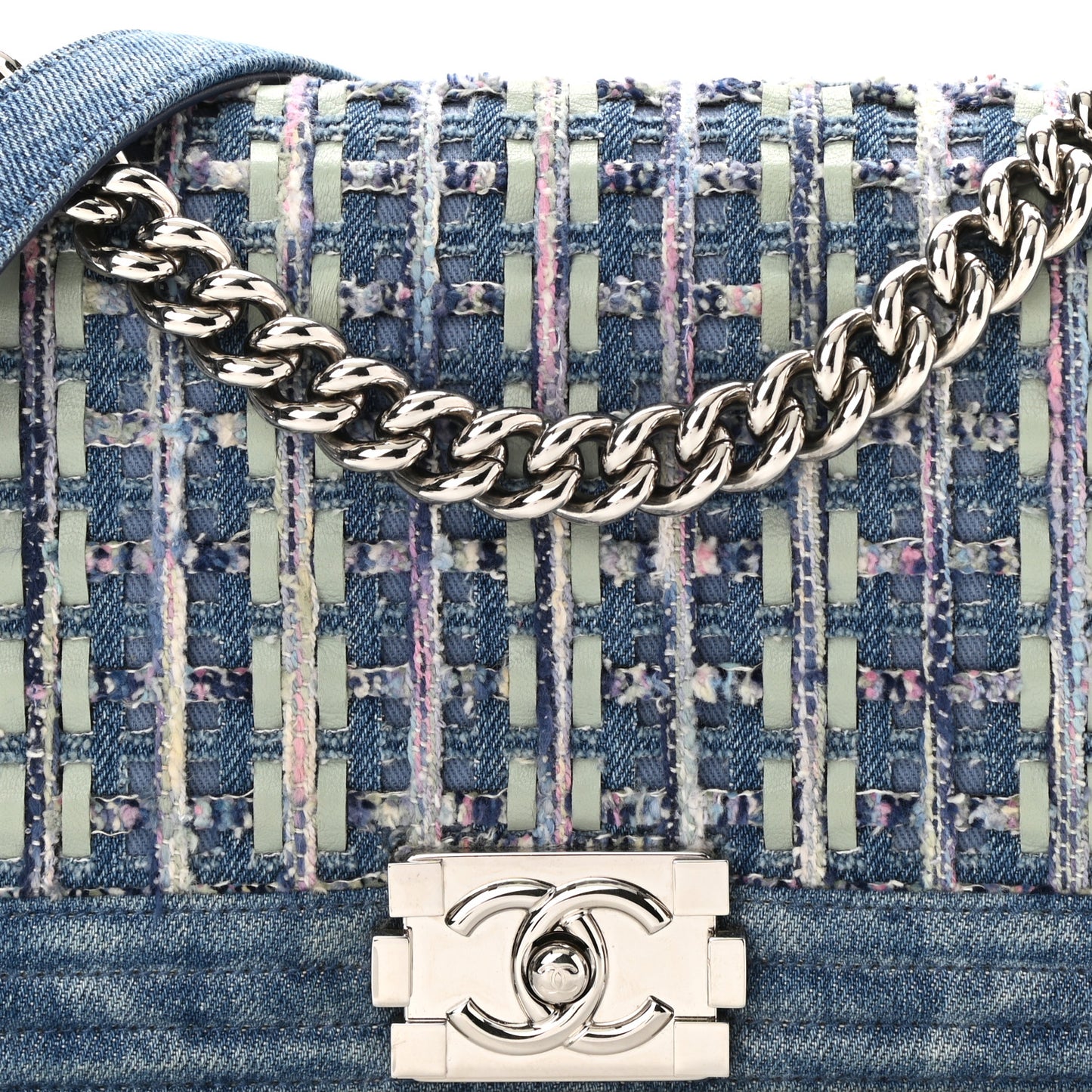 Cotton Tweed Denim Medium Boy Flap Light Green Light Blue