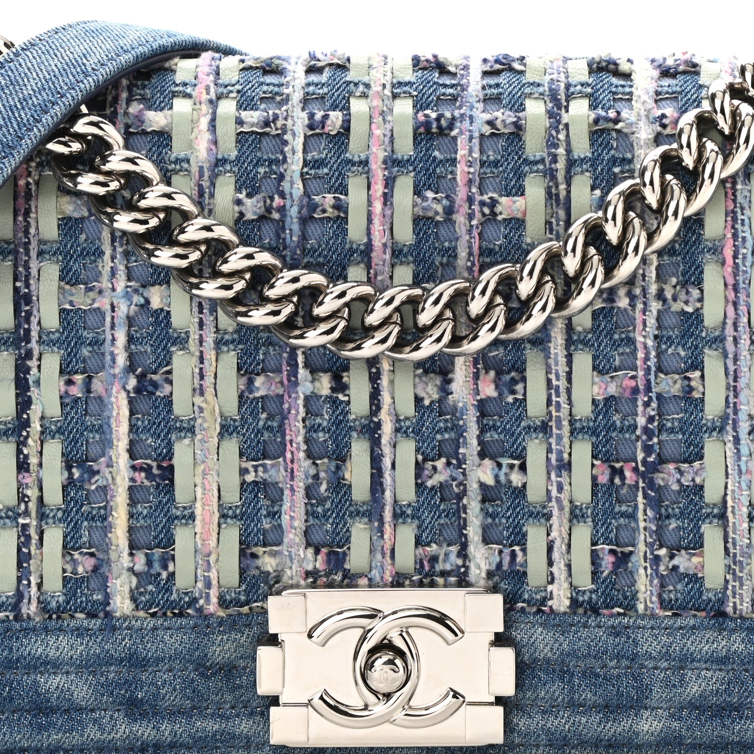 Chanel Cotton Tweed Denim Medium Boy Flap Light Green Light Blue 8 of 10