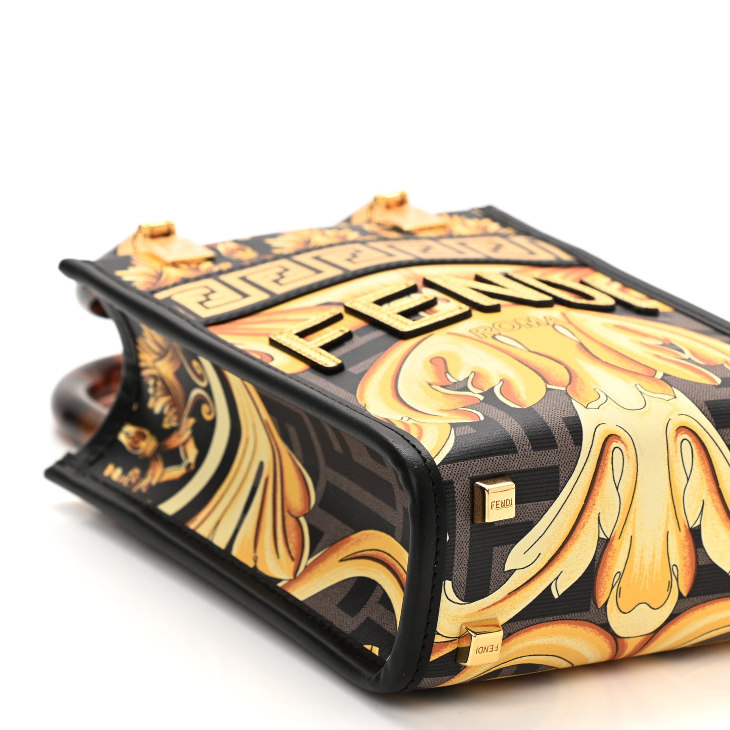 X VERSACE Vitello King Catalan Mirror Plexiglass Fendace FF Baroque Logo Mini Fendi Sunshine Shopper Tote Black Gold
