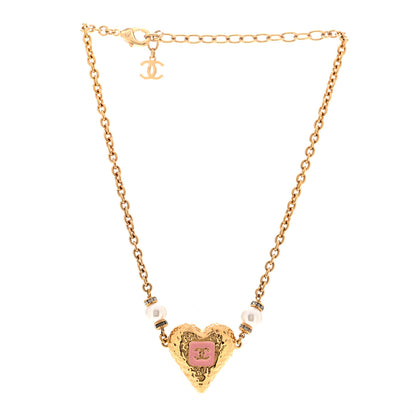 Chanel Resin Crystal Pearl Chain Heart CC Pendant Choker Necklace Pink White Gold 3 of 5
