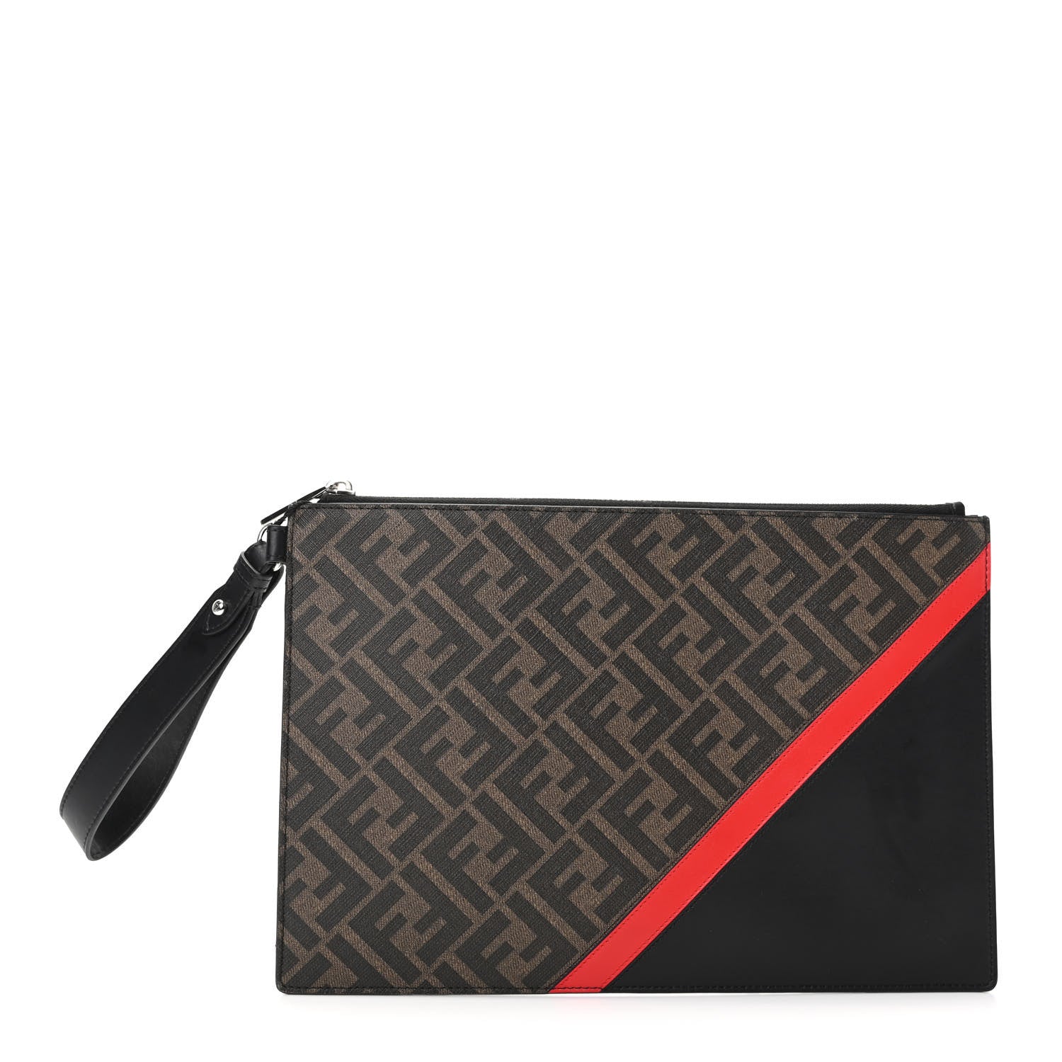 Fendi Glazed Fabric Vitello Liberty FF 1974 Diagonal Large Flat Pouch Tobacco Rosso Black 1 of 8
