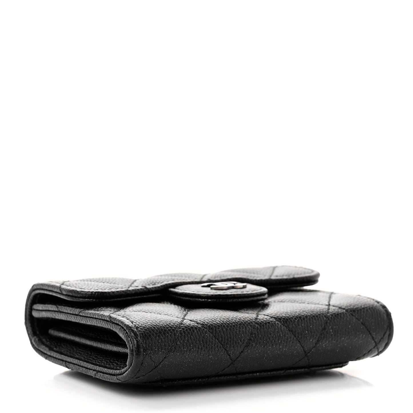 Iridescent Caviar Quilted Flap Card Holder Wallet Black