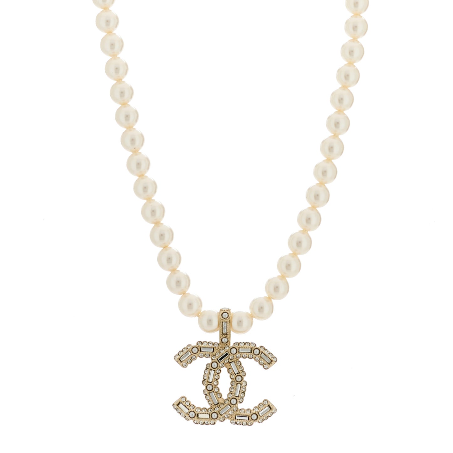 Pearl Crystal Baguette CC Short Necklace Gold