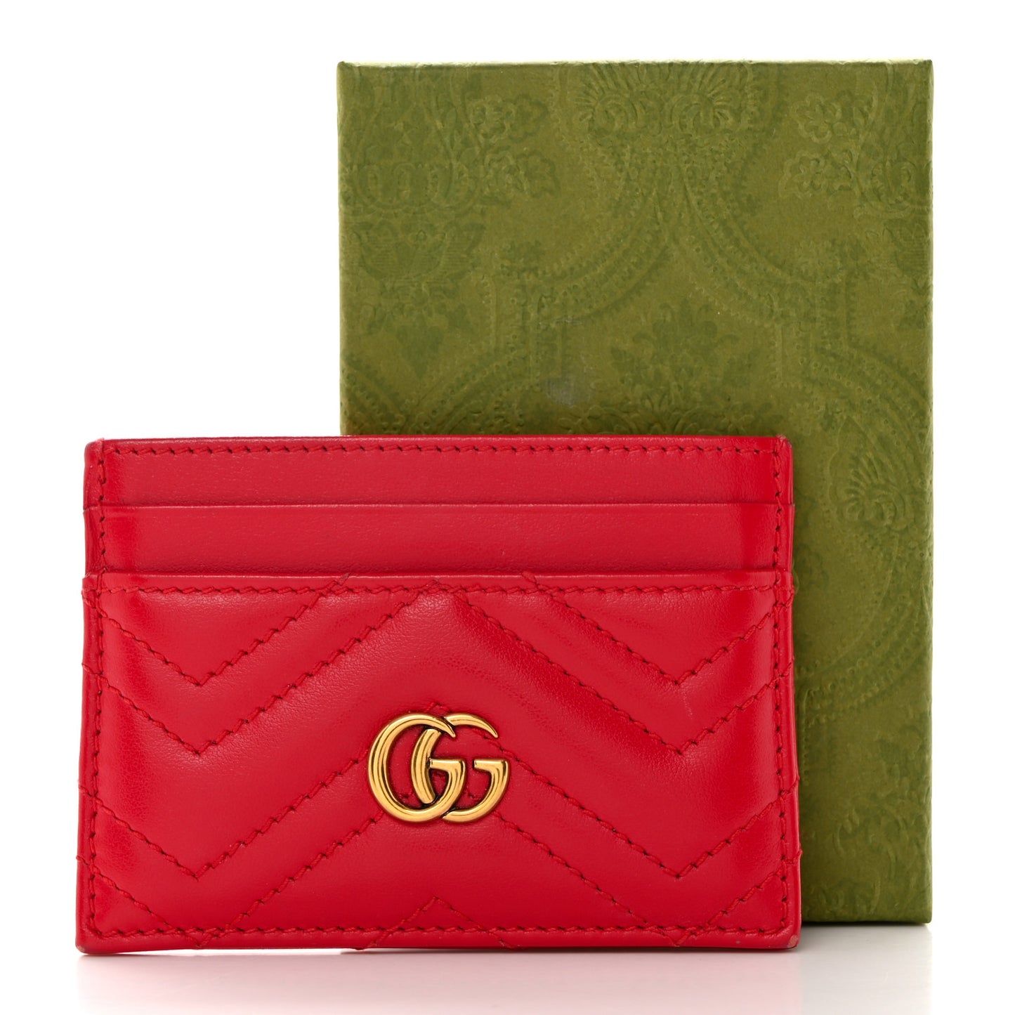 Calfskin Matelasse GG Marmont Card Holder Hibiscus Red
