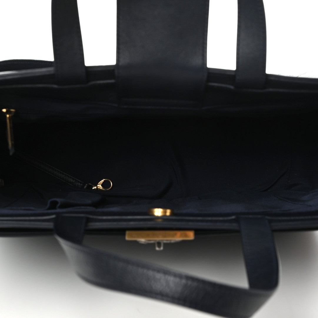 Calfskin Stitched Large Straight Lines Shopping Tote Navy