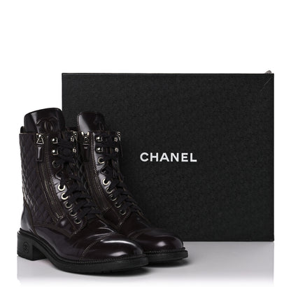 Chanel Shiny Calfskin Quilted CC Lace Up Combat Boots 39 Dark Burgundy 9 of 9