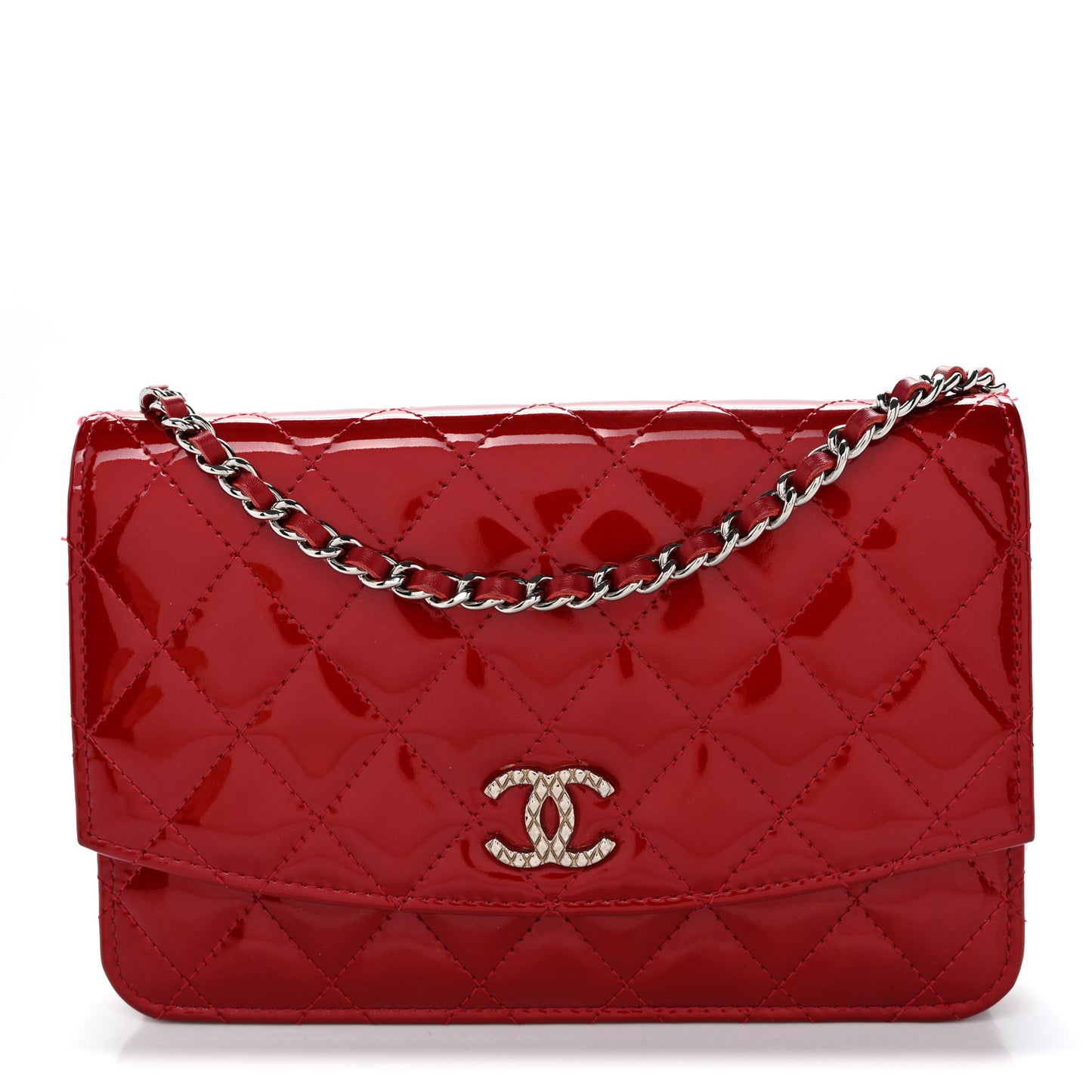 Patent Quilted Brilliant Wallet On Chain WOC Red