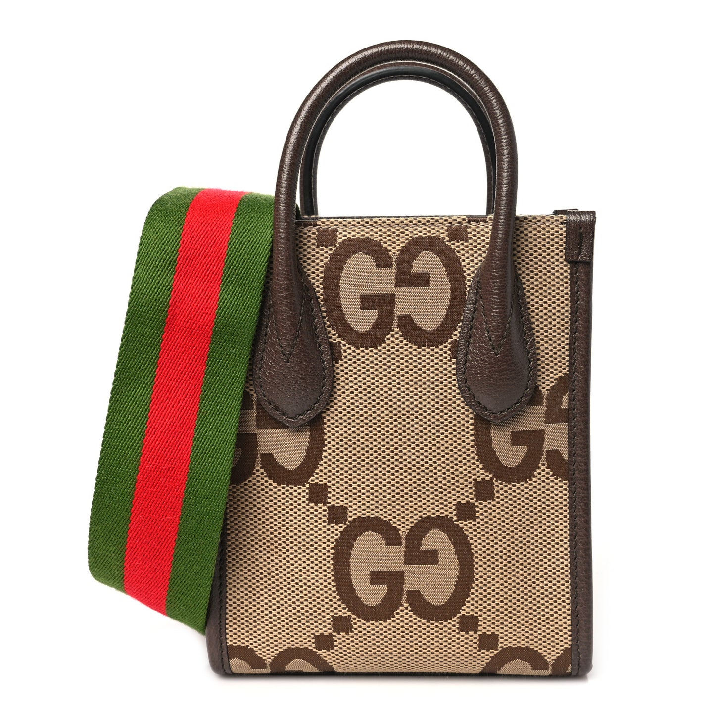 Monogram Jumbo GG Textured Dollar Calfskin Web Mini Vertical Tote Camel Ebony New Acero