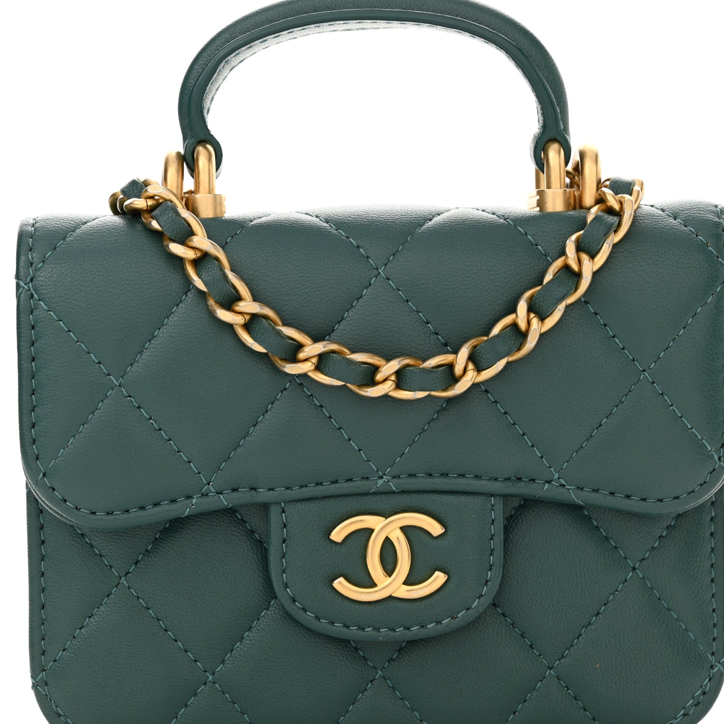 Lambskin Quilted Top Handle Flap Coin Purse With Chain Green