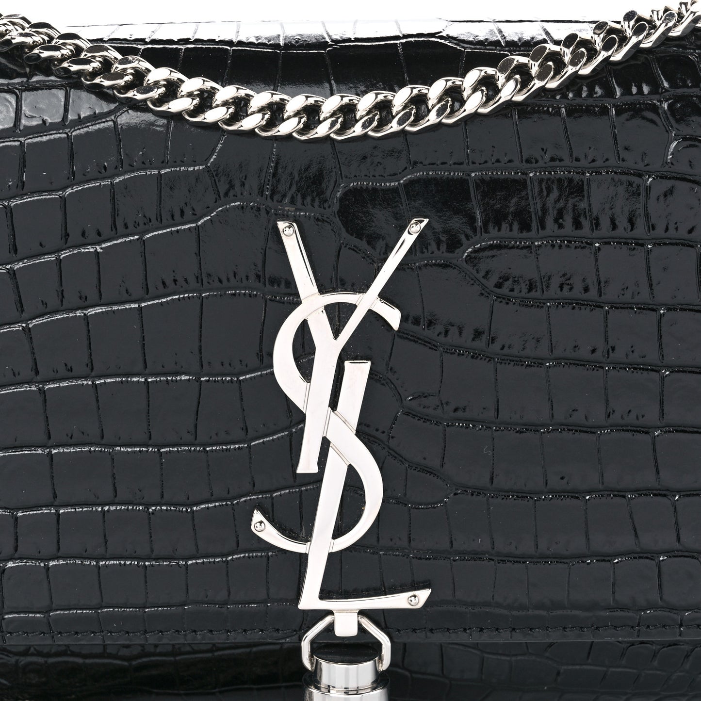 Calfskin Crocodile Embossed Small Classic Monogram Kate Tassel Satchel Black