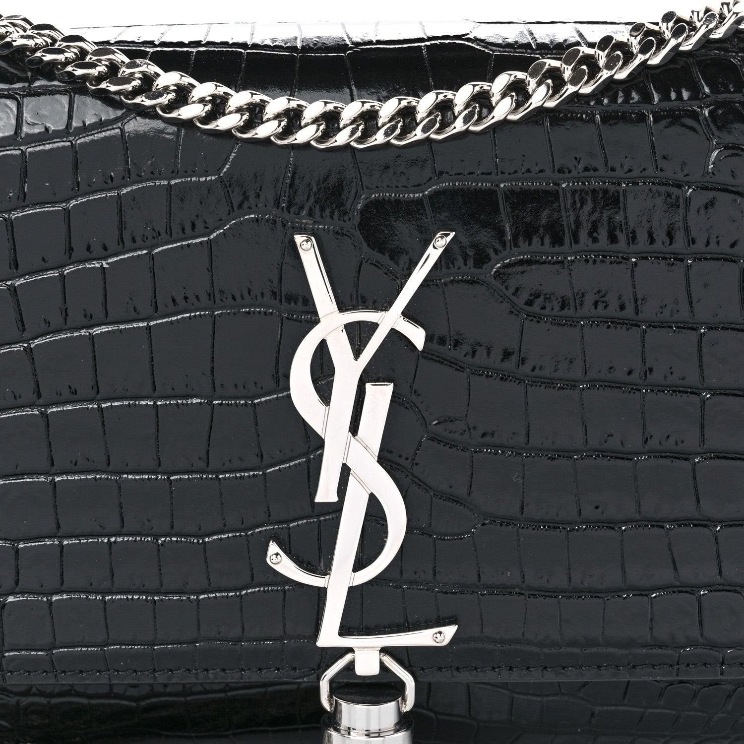 Saint Laurent Calfskin Crocodile Embossed Small Classic Monogram Kate Tassel Satchel Black 8 of 10