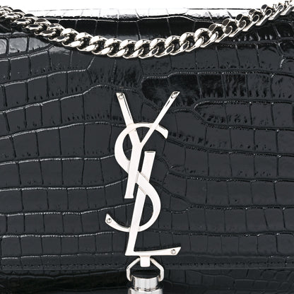 Saint Laurent Calfskin Crocodile Embossed Small Classic Monogram Kate Tassel Satchel Black 8 of 10