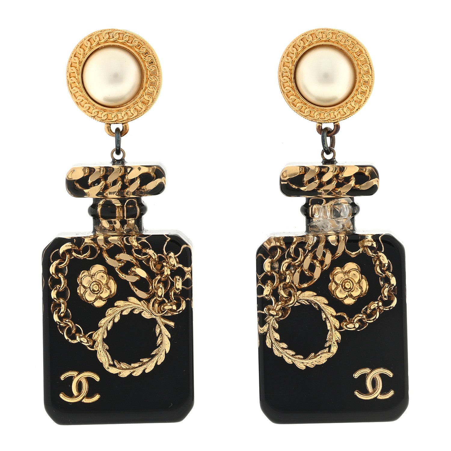 Chanel Pearl CC Perfume Bottle Drop Earrings Black Gold 1 of 5