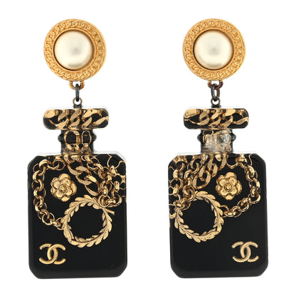 Chanel Pearl CC Perfume Bottle Drop Earrings Black Gold 1 of 5