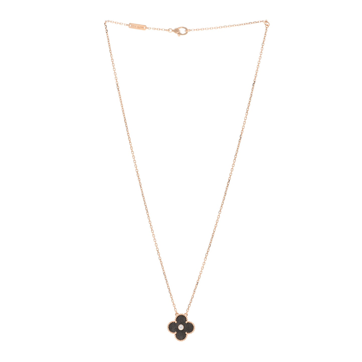 18K Rose Gold Diamond Silver Obsidian Vintage Alhambra Pendant Necklace